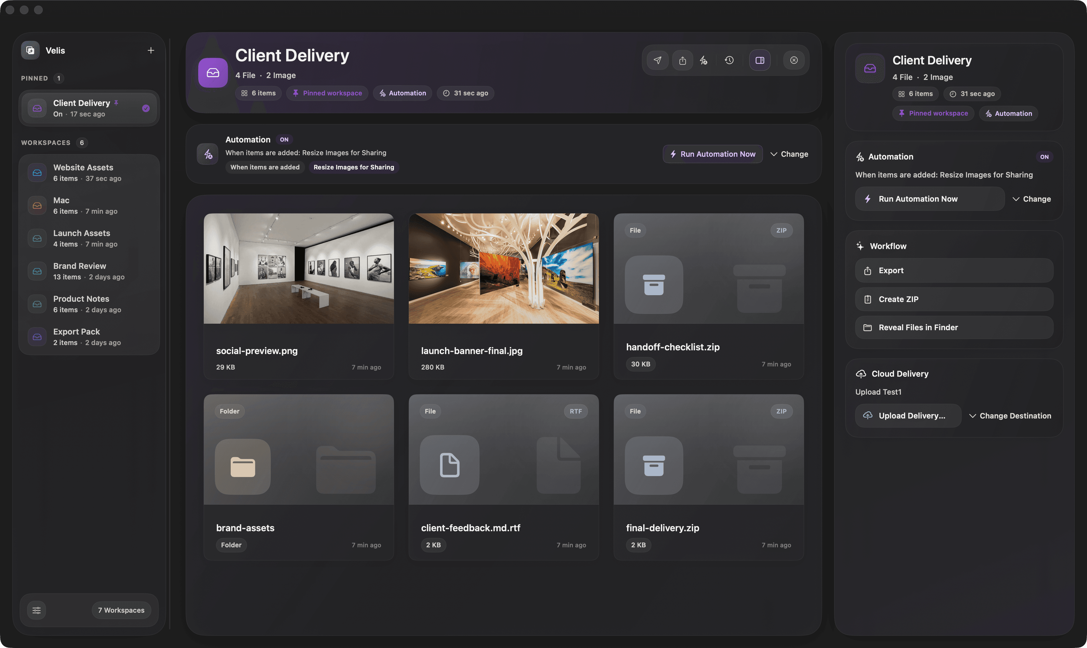 Velis client delivery workspace interface
