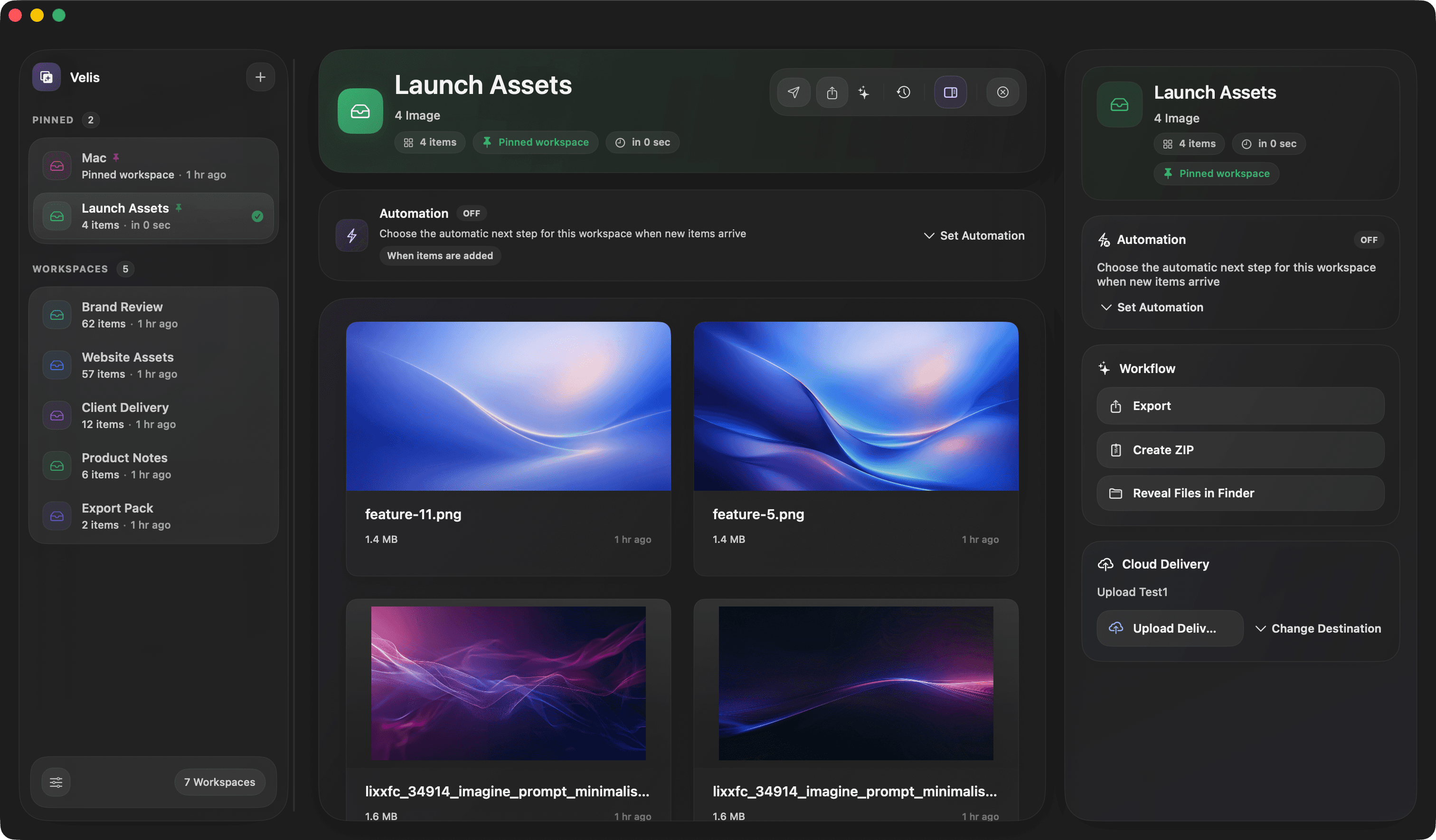 Velis workspace interface showing sidebar, workspace, and inspector